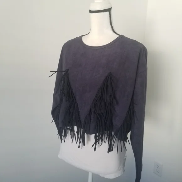 Market Cropped Blue Suede Top Sz Large - Picture 2 of 13